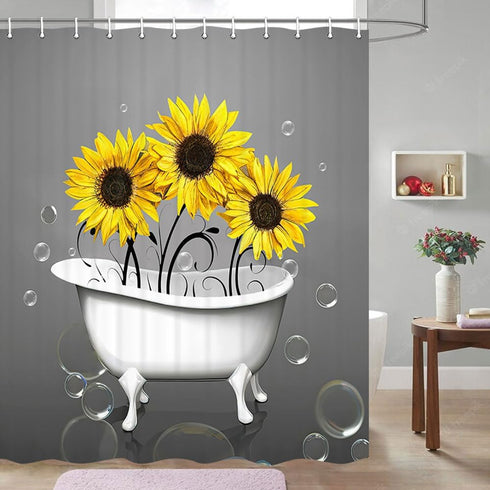 Rustic Farmhouse Shower Curtain - Fabric Yellow and Gray, Farm Floral Flowers Sunflower Shower Curtain Funny Set with Hooks, 72X72 inch...