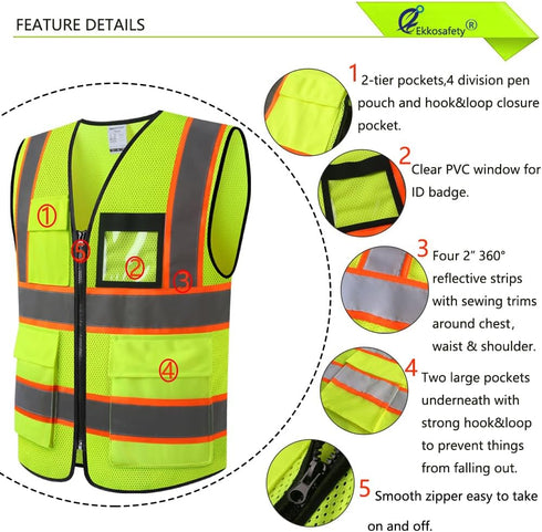 Reflective Mesh Safety Vest for Men Women with 8 Pockets and Zipper Front High Visibility Mesh Vest Hi Vis Construction Work Vest,Meets ANSI/ISEA ...