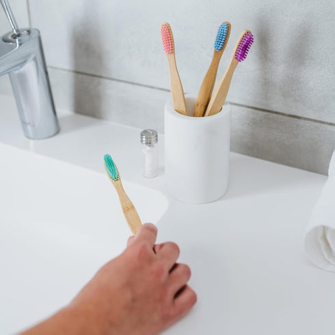 Bamboo Toothbrush 4-Pack & Compostable Silk Dental Floss with Refillable Glass Holder | Biodegradable Oral Care Set | Soft BPA-Free Bristles | Nat...