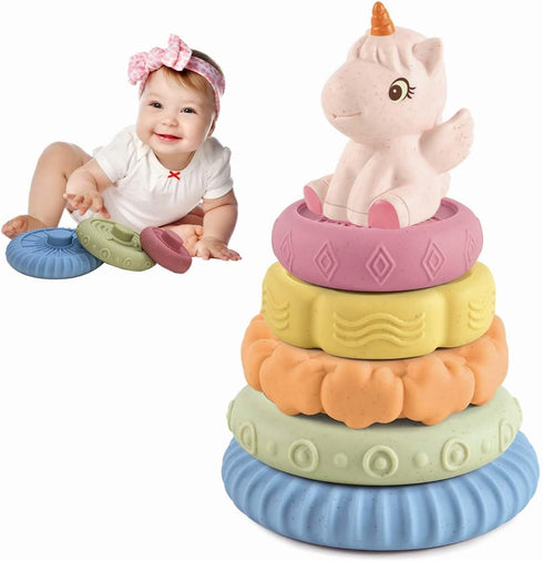 Baby Stacking Nesting Toys, Soft Squeeze Building Circle with Pink Horse, Baby Teething Toy Sensory Early Educational Toys for Newborn Toddlers...