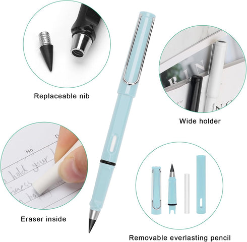 6pcs Everlasting Pencil Unlimited Inkless Pencil,Reusable Everlasting Pen with Eraser and 6pcs Replacement Nibs,Erasable Infinite Pens for Student...