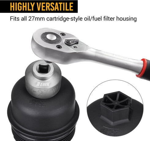 EWK 27mm Low Profile Oil Filter Socket, Fuel Filter Cap Removal Tool for Ford, Mercedes Benz, BMW, Mini, Citroen...