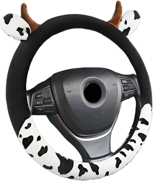 Cow Plush Steering Wheel Cover Universal 15 in Cute Fuzzy Cow Horn Car Steering Wheel Cover Non-Slip Stretchy Cow Print Circular Steering Wheel Pr...