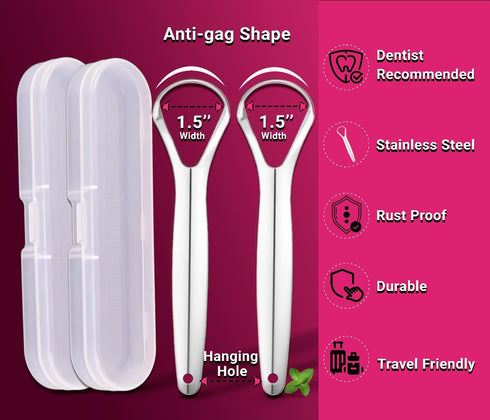 ""Stainless Steel Tongue Scraper 2-Pack for Adults & Kids - Includes Travel Cases, Promotes Fresh Breath & Oral Health, Easy Clean, Durable Design...