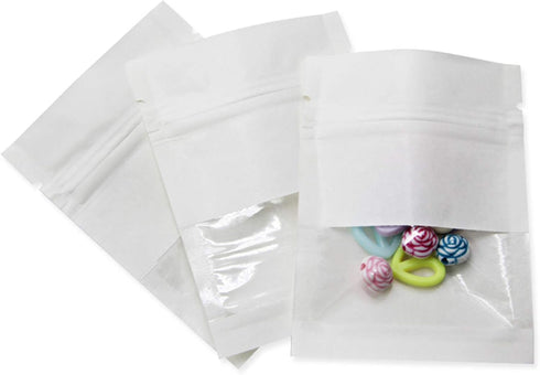 FERENLI 100Pcs Kraft Paper Window Bags Smell Proof Food Storage Pouch Flat for Zip Resealable Lock Candy Coffee Beans Packaging Bag with Tear Notc...