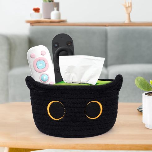 Small Storage Basket, Black Cat Cotton Rope Baskets Woven Blasket for Nursery, Blanket Basket Organizer With Ears Baby Toy Storage Basket for Gift...