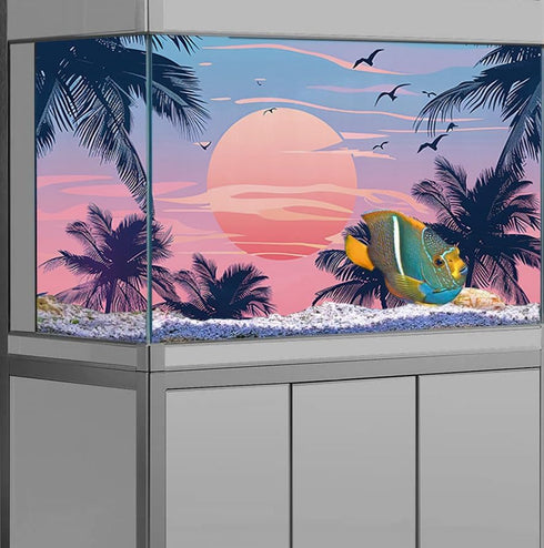 Hawaiian Beach Palm Tree Aquarium Background, Watercolor Graffiti Hawaiian Themed Fish Tank Background, Anime Themed Crawling Terrarium Background...