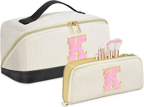 2Pack Personalized Makeup Bag,Preppy Stuff Cosmetic Bag with Initial Makeup Brush Bag Mother's Day Gift Travel Makeup Bag Pouch Monogram Makeup Ba...