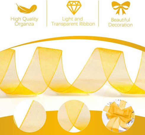 Gold Ribbon for Flower Bouquet 1 Inch 50 Yards Sheer Yellow Ribbon for Mothers Day Gift Basket Tulle Ribbon for Gift Wrapping Ribbons for Crafts S...