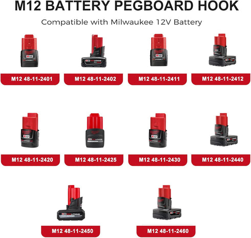 M12 Battery Pegboard Hooks, Milwaukee M12 Battery Holder, Battery Holder for Milwaukee M12 12V Batteries, Pegboard Tools Mount Organizer (6 PCS)...