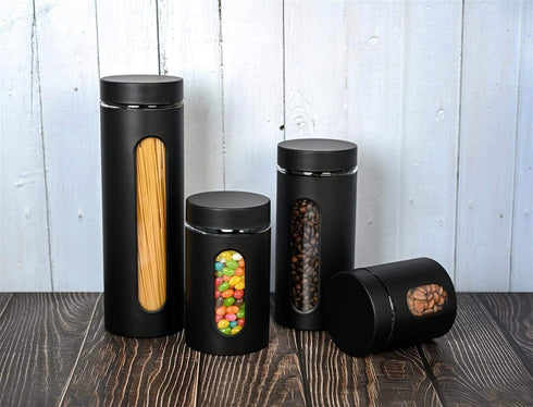 Glass Canister Set of 4 for Sugar, Matte Black Kitchen Counter Decor and Accessories...