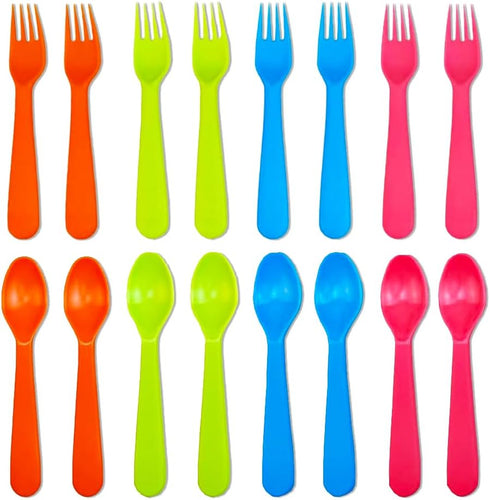 16 Pcs Kids Plastic Utensils, Reusable Toddler Feeding Utensils with 8 Kids Forks and 8 Kids Spoons, Colorful Kids Silverware Cutlery Set for Scho...