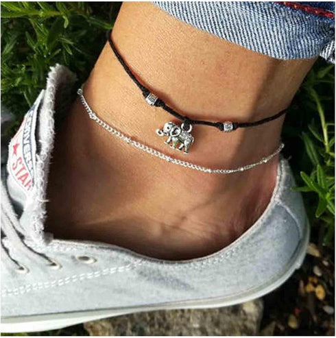 Vintage Layered Elephant Ankle Bracelet Silver Elephant Dangle Anklets Black Rope Chain Ankle Bracelet Black Wax Rope Ankle Bracelet Summer Foot C...