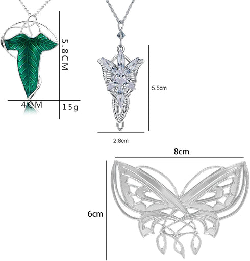 3pcs Arwen Evening Star Butterfly Brooch Lord of The Ring Hobbit Necklace Vintage Green Leaf Elven Pin Brooch Pendant Chain Necklace...