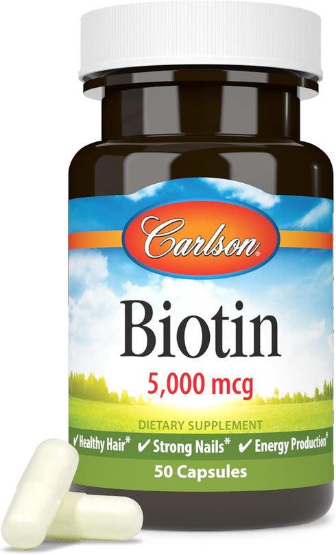 Carlson - Biotin, 5000 mcg, Healthy Hair, Strong Nails & Energy Production, 50 Capsules...