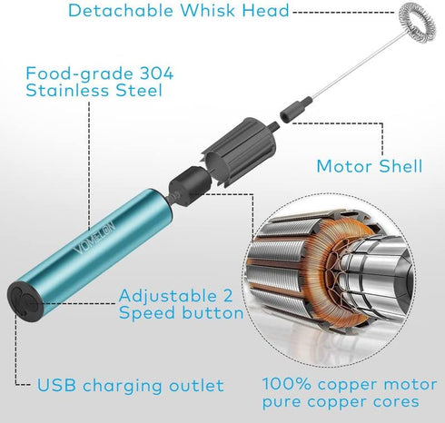 Milk Frother, Rechargeable Battery Operated Frother for Coffee,Portable Drink Mixer with 2 Stainless Steel Whisk Heads,Milk Foamer for Keto Coffee...