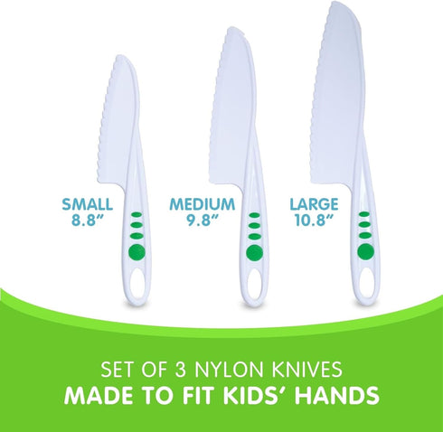 Curious Chef 3-Piece Nylon Knives for Kids - White & Green - Child Safe & Serrated Blunt Tip Chef Knives - Safe for Nonstick Pans...