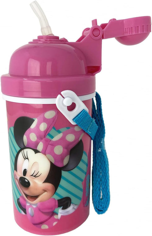 GRANSHOP Disney Classic Minnie Carrying Strap One Touch Water Bottles with Reusable Built in Straw - Safe Approved BPA Free, Easy to Clean (Minnie...