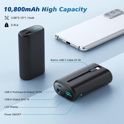 Small Portable Charger 10800mAh with Built-in USB-C Cable, Mini PD 3A Fast Phone Charging Power Bank,LCD Display Android Charger Battery Pack Comp...