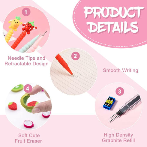 24PCS Cute Mechanical Pencil Set, 8PCS Pastel Mechanical Pencil 0.5mm with 8PCS Fruit Erasers and 8PCS Pencil Refills, Colorful Mechanical Pencils...