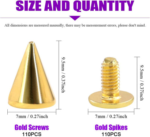 Swpeet 110 Pairs Gold 7mm x 9.5mm Bullet Cone Spike and Stud Metal Screw Back for DIY Leather Craft Cool Rivets Punk Stud Coincal Layer...
