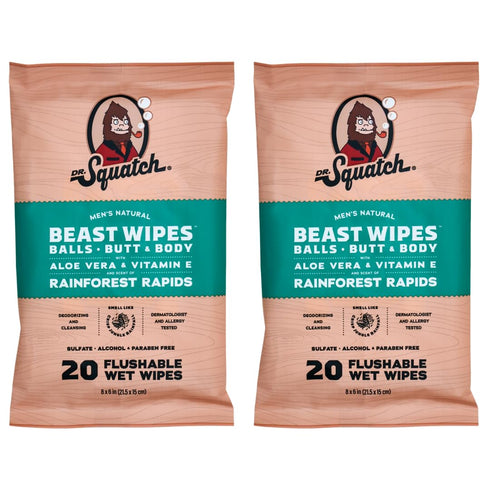 Dr. Squatch Beast Wipes, Flushable Wipes for Men, Soothing and Refreshing Adult Wipes - 2-Pack Rainforest Rapids...