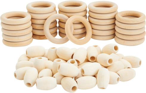 Bright Creations 80 Pcs Unfinished Oval Wood Beads and Round Wooden Rings for Macrame Supplies, DIY Crafts...