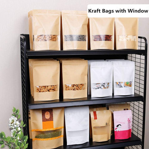 50 pcs Kraft Bags with Window Stand Up Ziplock Seal Paper Bag Resealable Large Food Storage Pouch 1oz 3.5×5.5in...