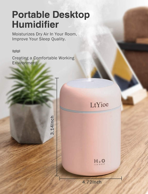 Colorful Cool Mini Humidifier, USB Personal Desktop Humidifier for Car, Office Room, Bedroom,etc. Auto Shut-Off, 2 Mist Modes, Super Quiet. (Pink)...