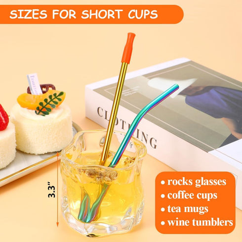 Lazycorner 16 Pcs Short Metal Straw, 6mm 5.5" 6.5" Kids Reusable Straw Silicone Tips Cleaner, Mini Small Stainless Steel Straws Fit 8 10 12 oz Tum...