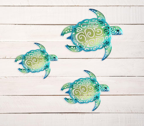 Set of 3 Metal Sea Turtle Beach Theme Decor Wall Art Decorations for Indoor Outdoor Bathroom Garden, Upgraded Hook...