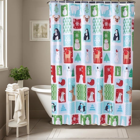 Christmas Holiday Cheer Fabric Shower Curtain, Winter Theme with Snowmen Penguins Polar Bears Deer 70x70 inch...