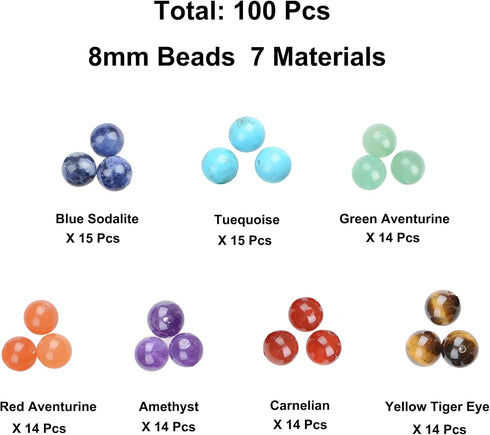 100Pcs Natural Crystal Beads Stone Gemstone Round Loose Energy Healing Beads with Free Crystal Stretch Cord for Jewelry Making (7-Chakra Beads, 8M...