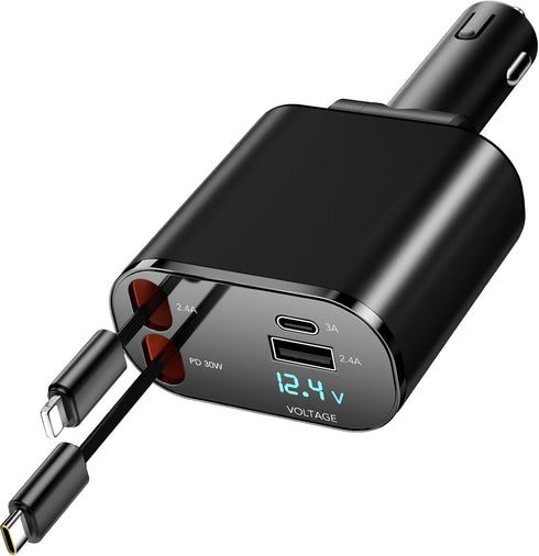 Retractable Car Charger, 4 in 1 Fast Charging Car Charger 60W, Retractable Cable and 2 USB Ports Car Charger Adapter Compatible with iPhone 15 14 ...