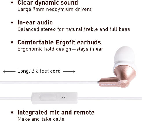 Panasonic ErgoFit Wired Earbuds, In-Ear Headphones with Microphone and Call Controller, Ergonomic Custom-Fit Earpieces (S/M/L), 3.5mm Jack for Pho...