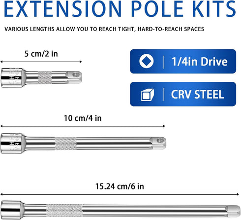 3Pcs 1/4inch Socket Extension Set, Drive Extension Bar Set Includes 2''/50mm, 4''/100mm, and 6''/150mm Inch Extensions Chrome Vanadium Steel Durab...