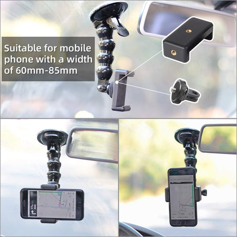SUREWO Flexible Gooseneck Suction Cup Car Mount Holder for GoPro 12, Flexible Extension Car Windshield Mount with Phone Mount for GoPro Hero 11 10...