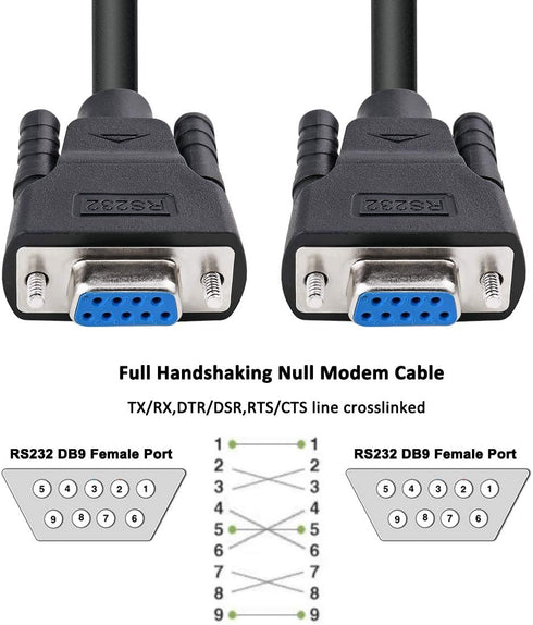 DTech DB9 RS232 Serial Cable Female to Female Null Modem Cord Full Handshaking 7 Wire Crossover for Data Communication (5 Feet, Black)...