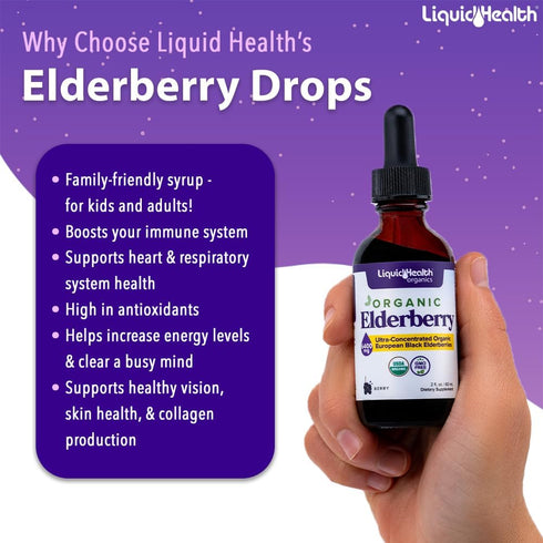 LIQUIDHEALTH USDA Organic Elderberry Liquid Drops for Kids and Adults - Liquid Vitamin Supplement, Immune Support Syrup, Antioxidant, Vegan, Non-G...