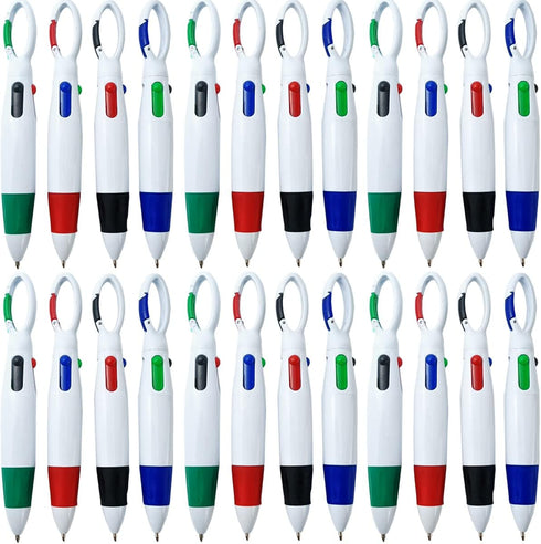 24PCS Plastic Carabiner Shuttle Pens 4-in-1 Retractable Ballpoint Pens Multicolor Pens with Buckle Keychain on Top for Office School Supplies Stud...
