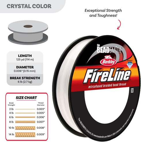 The Beadsmith Fireline by Berkley – Micro-Fused Braided Thread – 6lb. Test.006”/.15mm Diameter, 125 Yard Spool, Crystal Color – Super Strong Strin...
