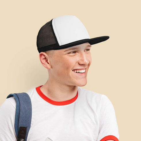 Flat Billed Trucker Hat Mesh Back S M L Adjustable Cap Solid Two Toned Snapback...
