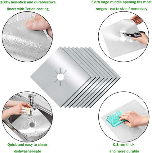 Stove Burner Covers,0.3 MM Double Thickness,8 Pack,Gas Stove Burner Liners,Non-stick Reusable Gas Range Stove Top Covers for Kitchen,Cuttable,Easy to Clean,Silver,Size 10.6” x 10.6”