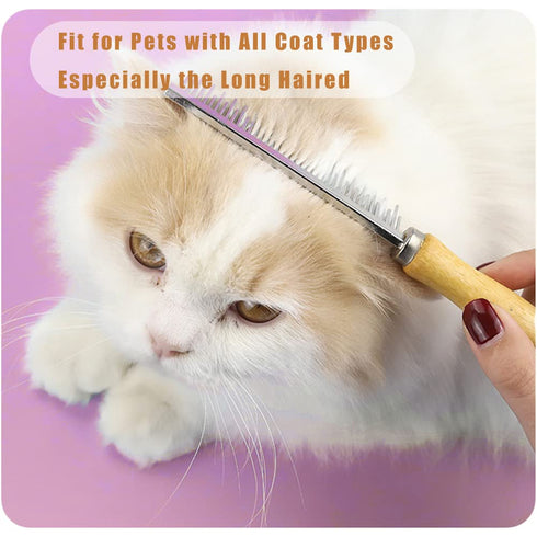 Dog Cat Comb Grooming Comb with Wooden Handle Stainless Steel Teeth, Dog Cat Grooming Supplies Accessories Perfect for Honghair Hairy Pets (Dual T...