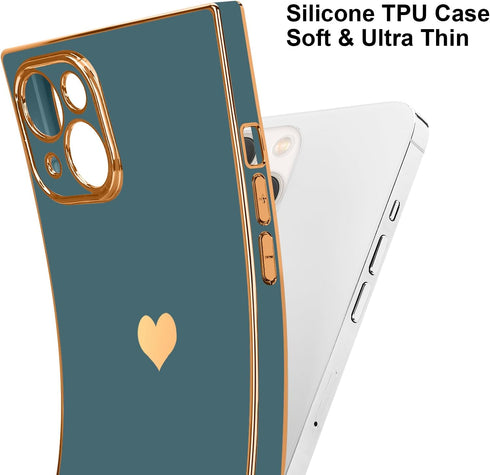 Compatible with iPhone 13 Case Square Luxury Plating Gold for Women Girls Cute Love Heart Pattern Shockproof Raised Full Camera Lens Protection Co...
