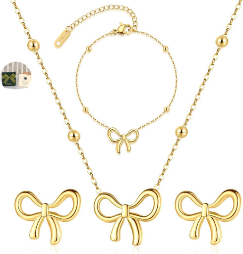 Gold Bow Earrings Necklace Bracelet Jewelry Set for Women-Ribbon Bowknot Stud Earrings Pendant Choker Necklace Bracelet 18K Gold Plated Bow Valent...