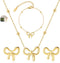 Gold Bow Earrings Necklace Bracelet Jewelry Set for Women-Ribbon Bowknot Stud Earrings Pendant Choker Necklace Bracelet 18K Gold Plated Bow Valent...