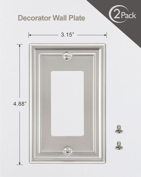 2-Pack Decorator Wall Plate, Satin Nickel Electrical Outlet Cover Plate for Receptacle, Dimmer Switch, GFCI Outlet, 3.15''*4.88'', Midsize, A035 S...