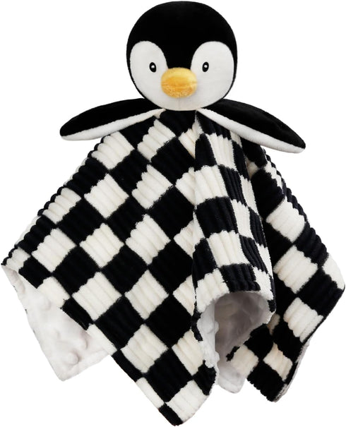 Baby Lovey Blanket for Boys Girls Super Soft Checkerboard Gingham with Minky Dot Fabric Backing Penguin Stuffed Animal Lovely Snuggle Toy Black 14...