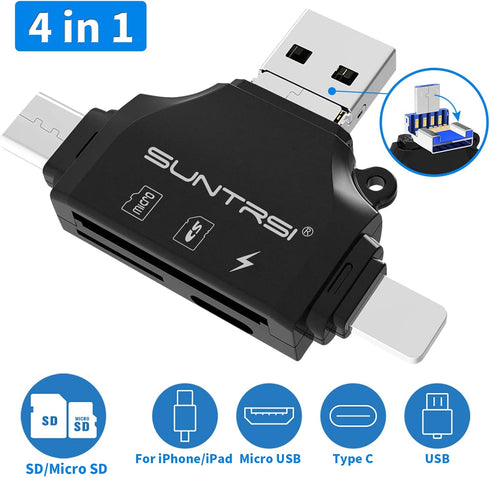 4 in 1 SD Card Reader for iPhone ipad Android Mac PC Camera,Micro SD Card Reader SD Card Adapter Portable Memory Card Reader Trail Camera Viewer C...